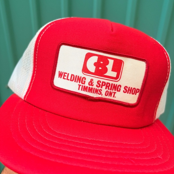Vintage WELDING SPRING SHOP TIMMINS ONTARIO Patch Trucker Hat snapbacl mesh red - Picture 1 of 6